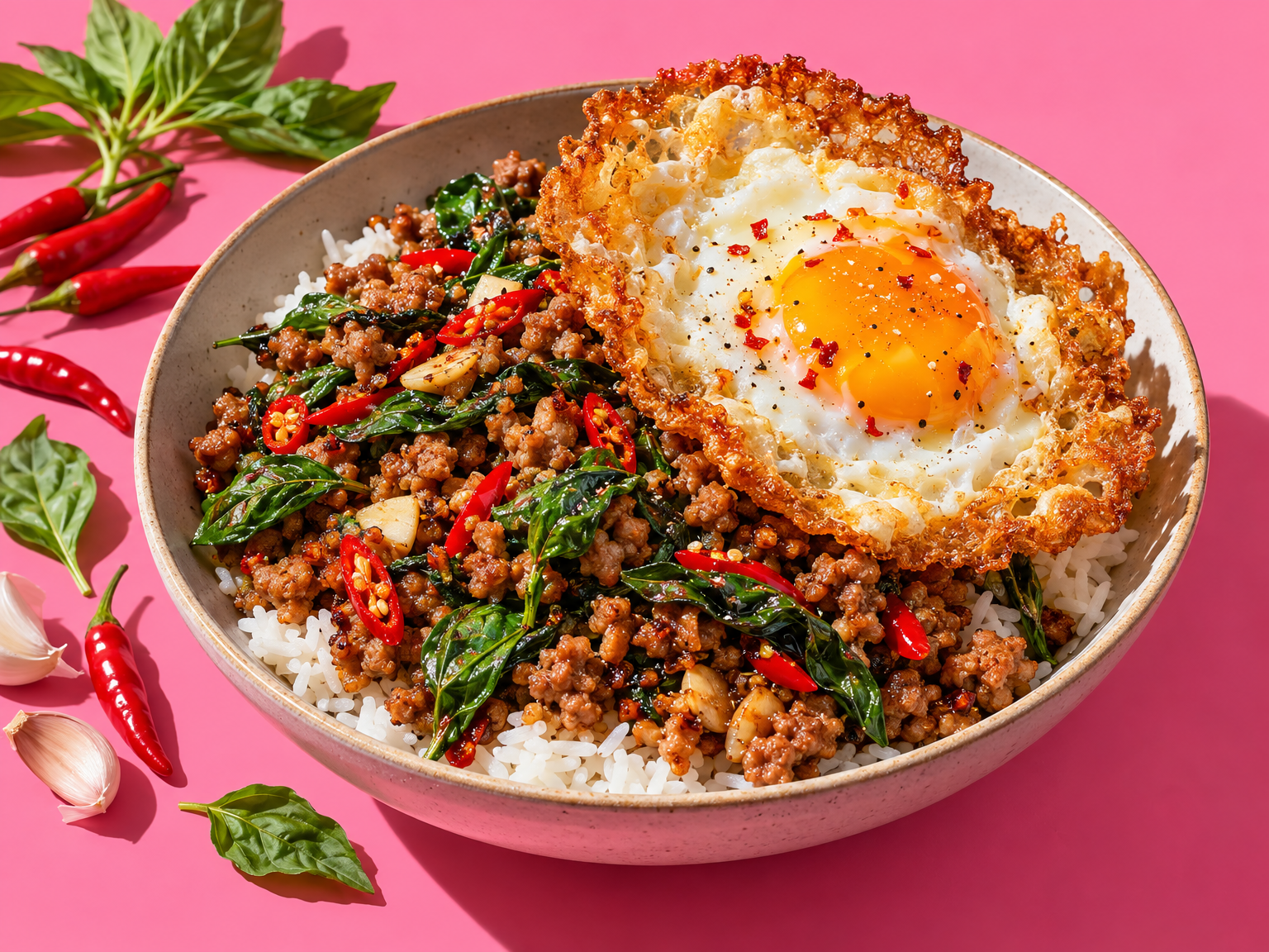 Pad kra pao with crispy fried eggs ready to serve