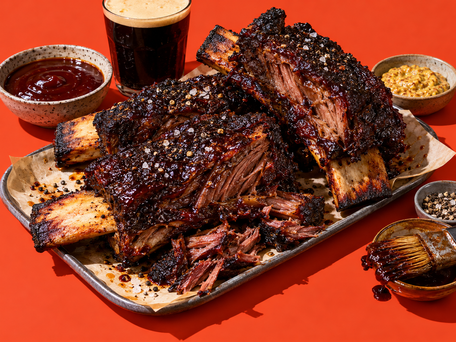 Bonfire black-treacle beef short ribs ready to serve