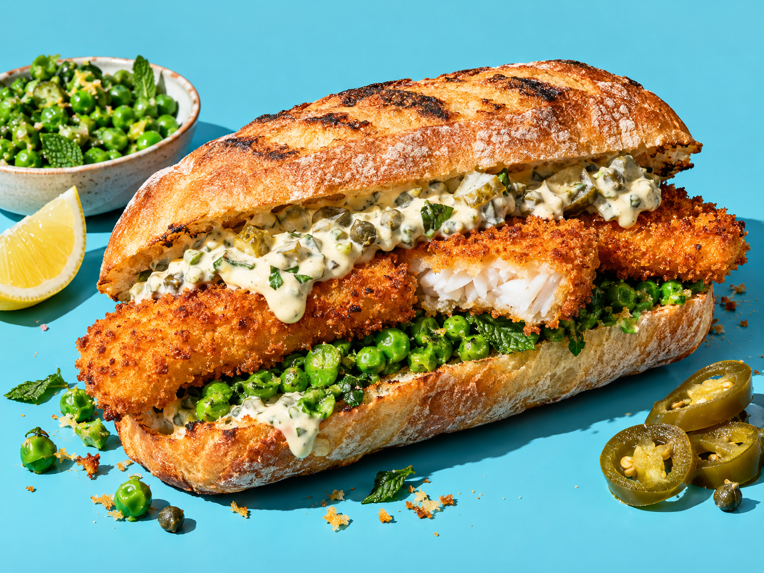 Grilled fish finger sandwich with minted peas and jalapeño tartare ready to serve