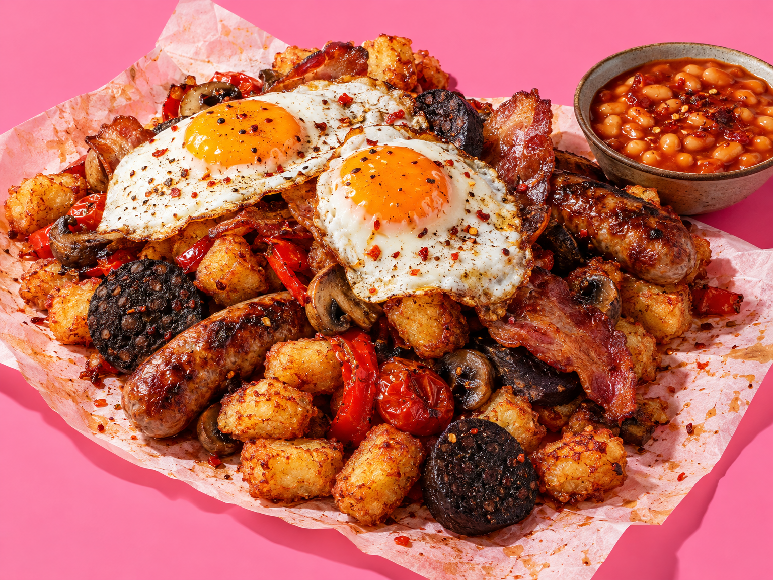 Full English breakfast spice bag with hash brown bites ready to serve