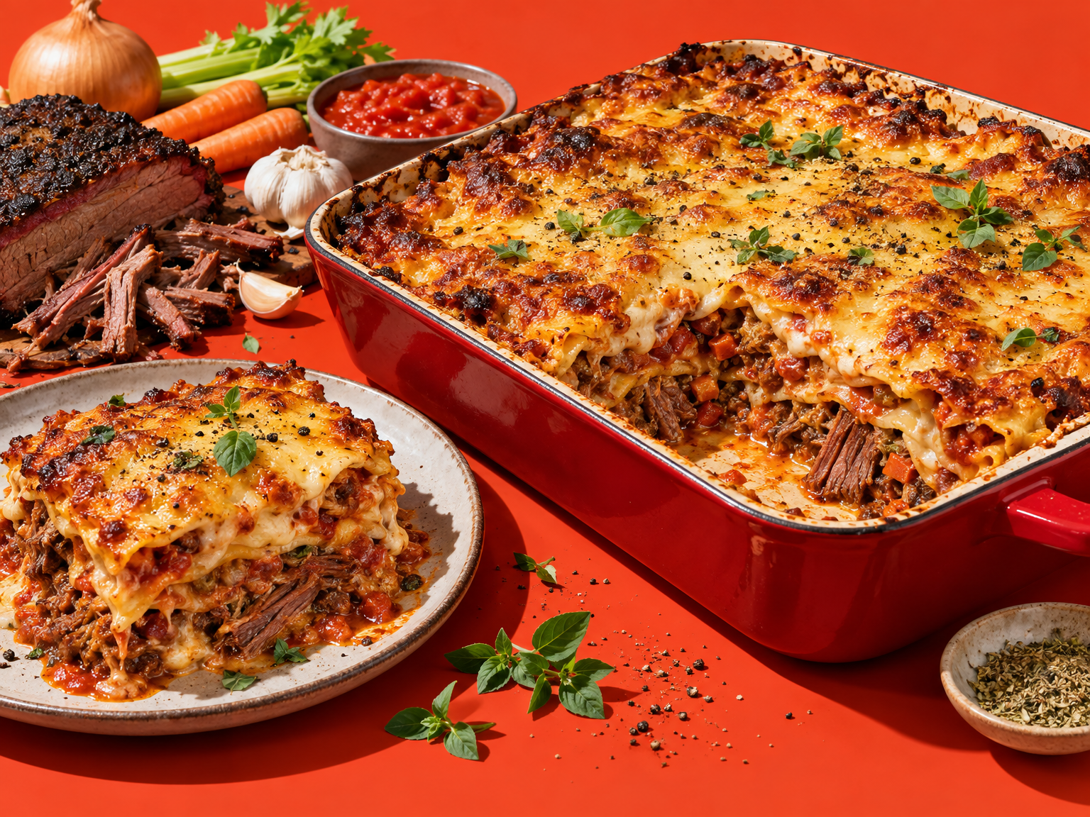 Leftover brisket lasagne ready to serve