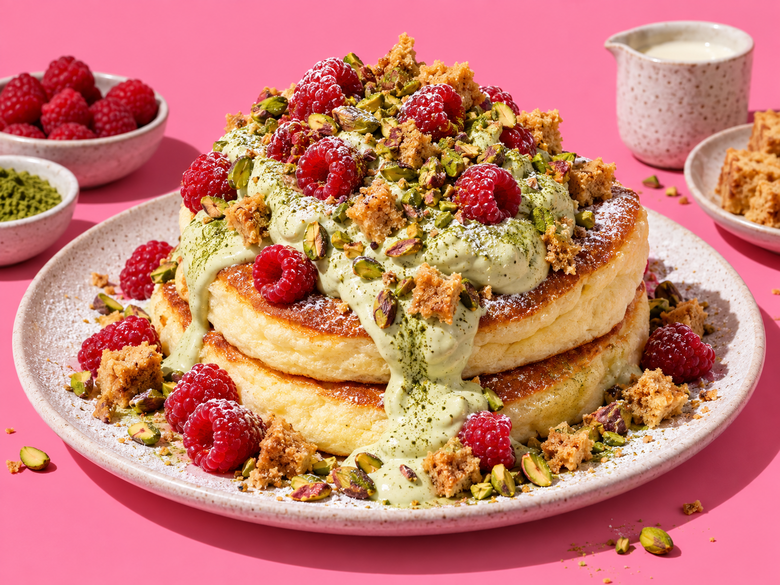 Soufflé pancakes with pistachio, matcha, raspberry and crumbled blondie ready to serve