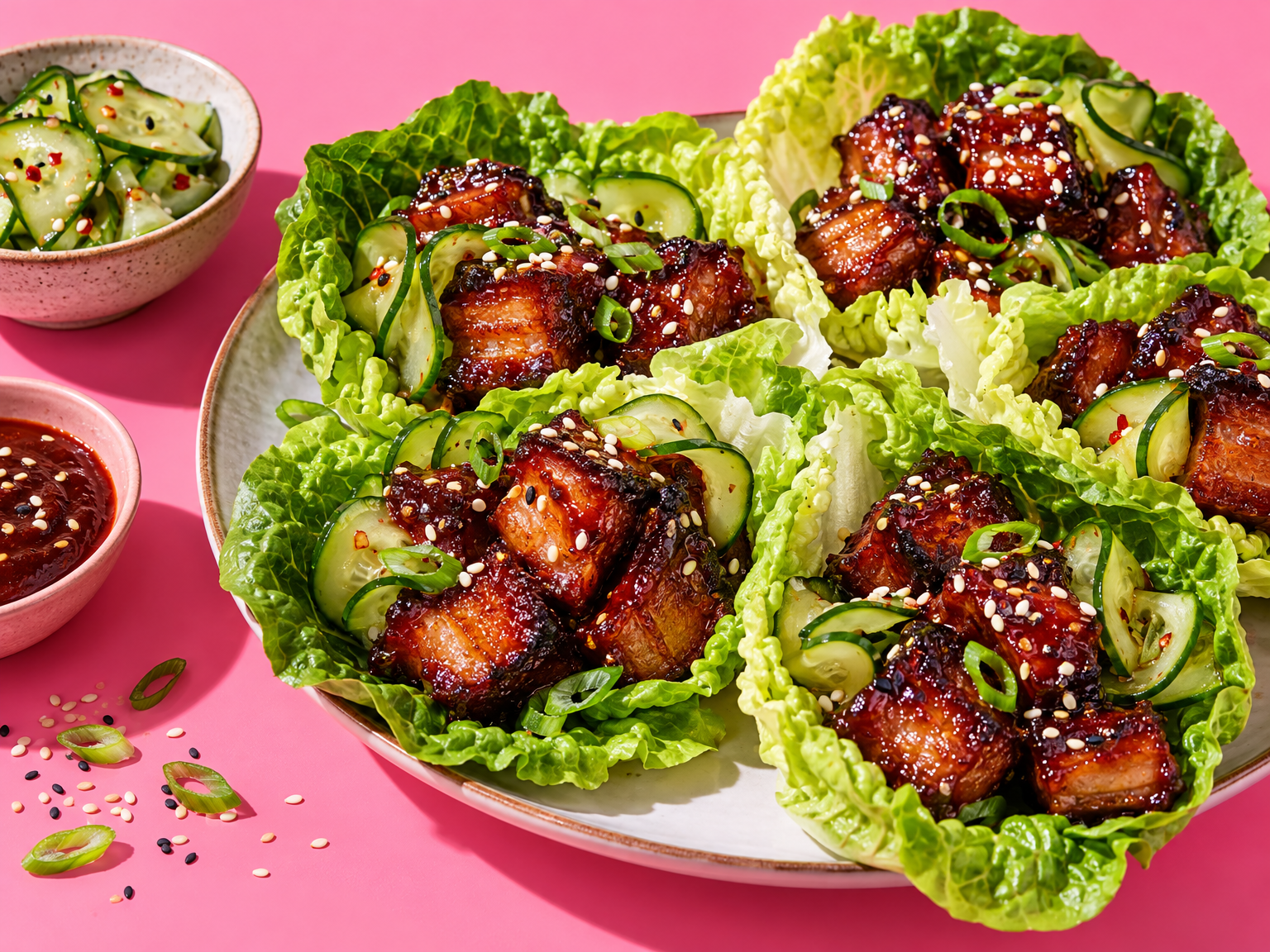 Korean BBQ pork belly burnt-end lettuce boats ready to serve
