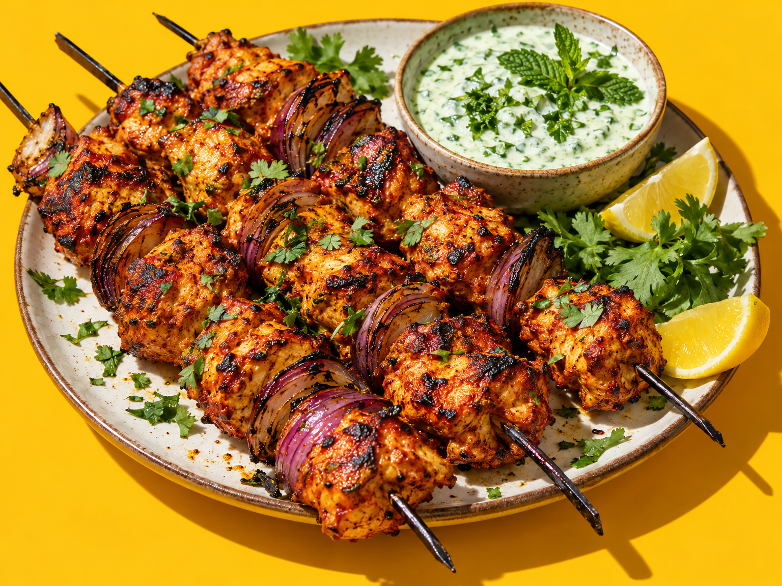 Chicken tikka skewers with mint sauce & charred onions ready to serve