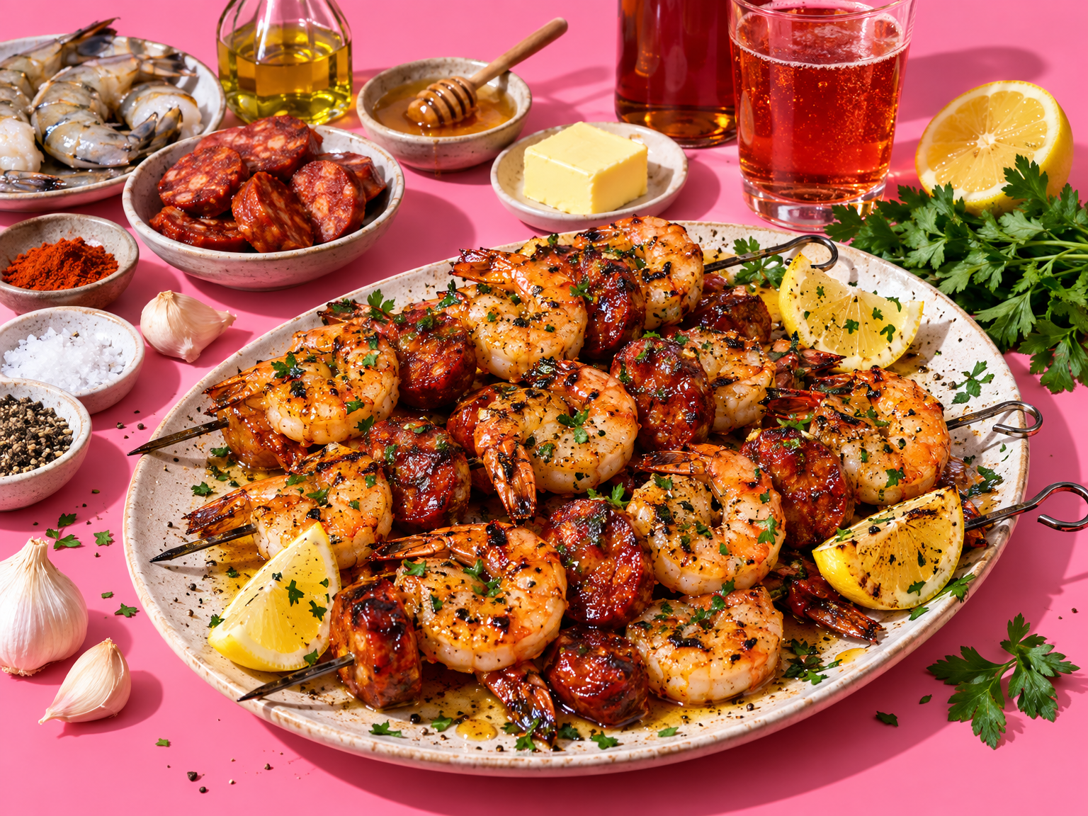King prawn & chorizo skewers with cider butter glaze ready to serve