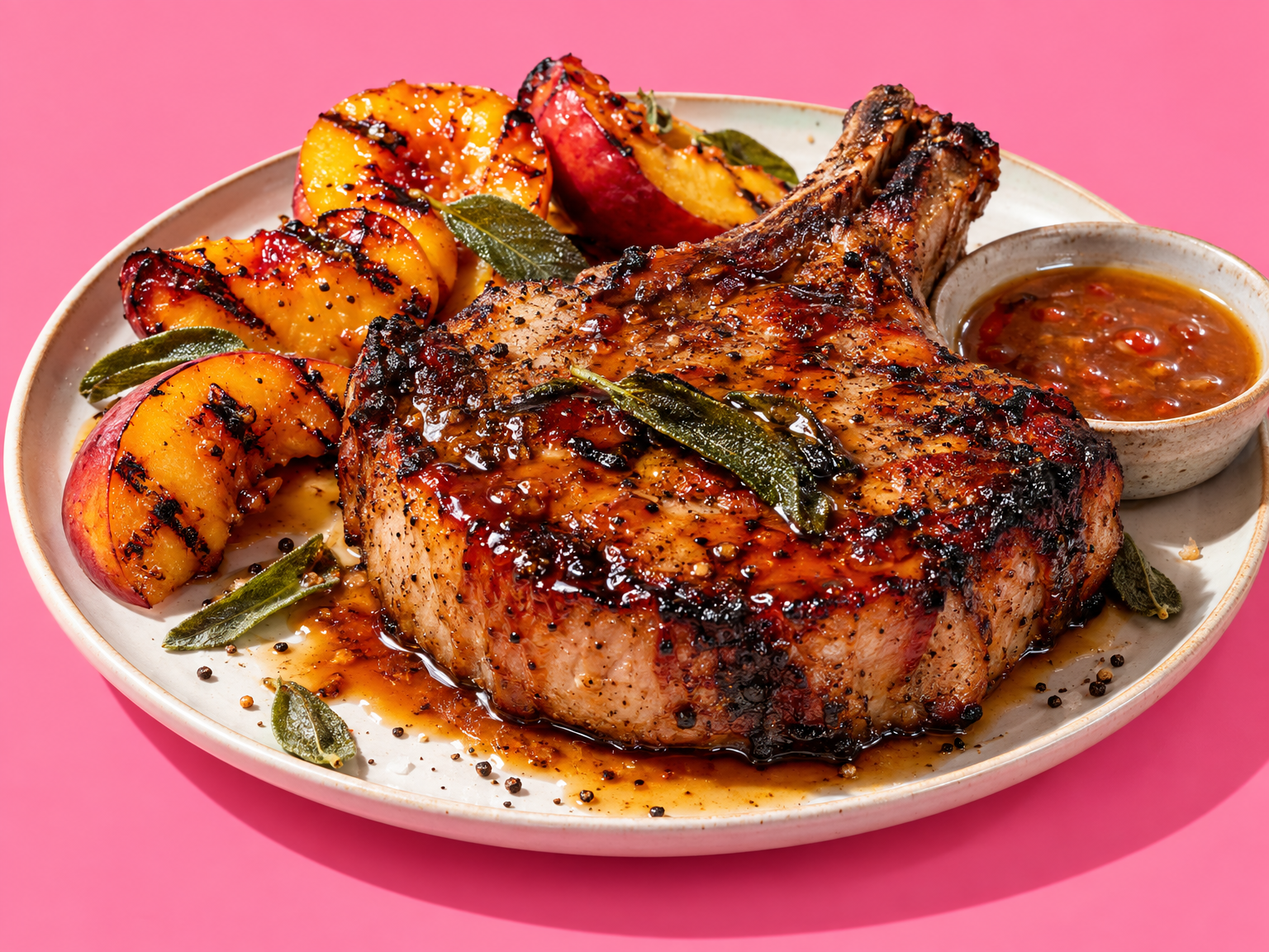 Peach tea glazed black pudding pork chop ready to serve