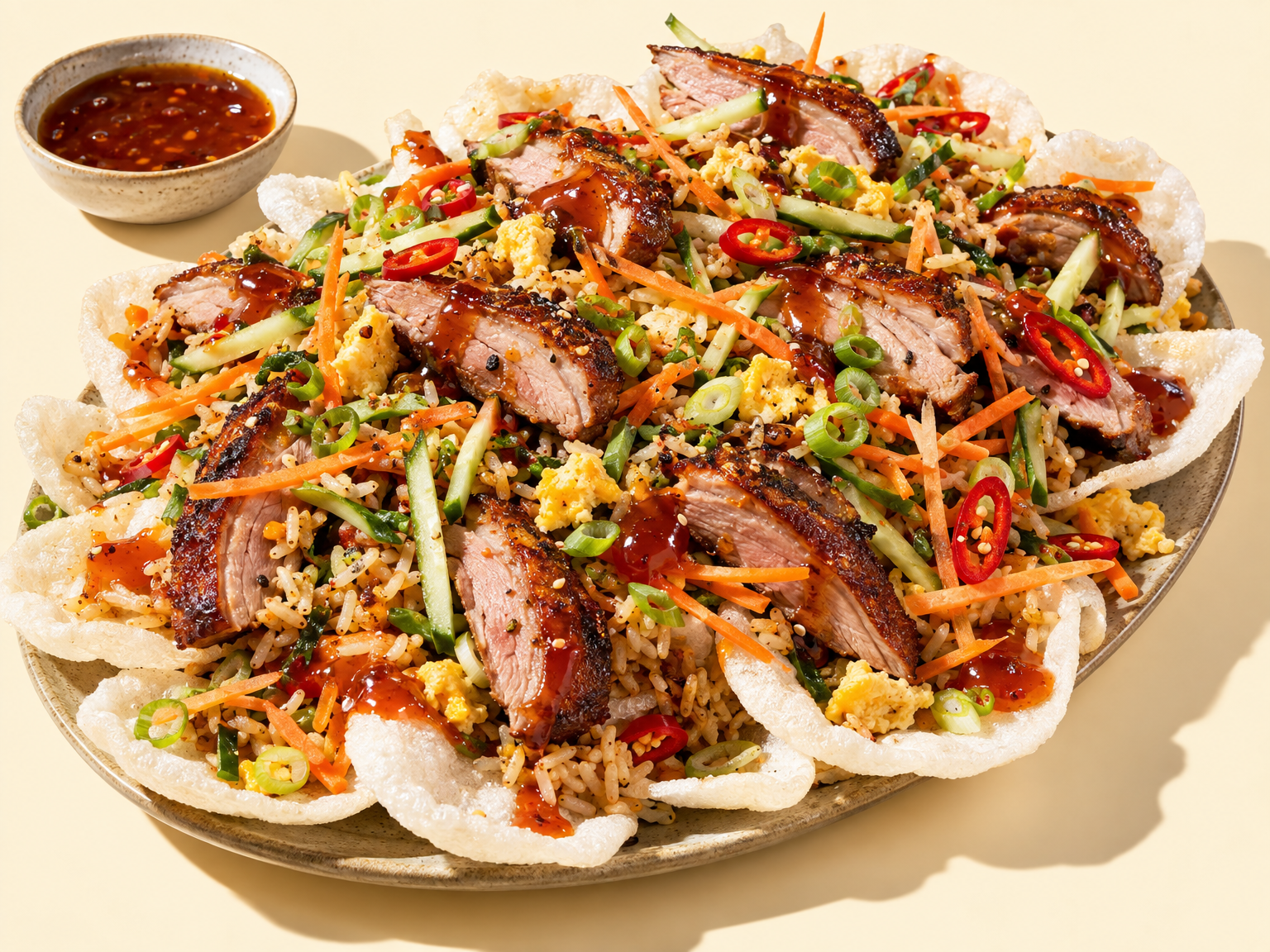 Prawn cracker loaded duck nachos ready to serve