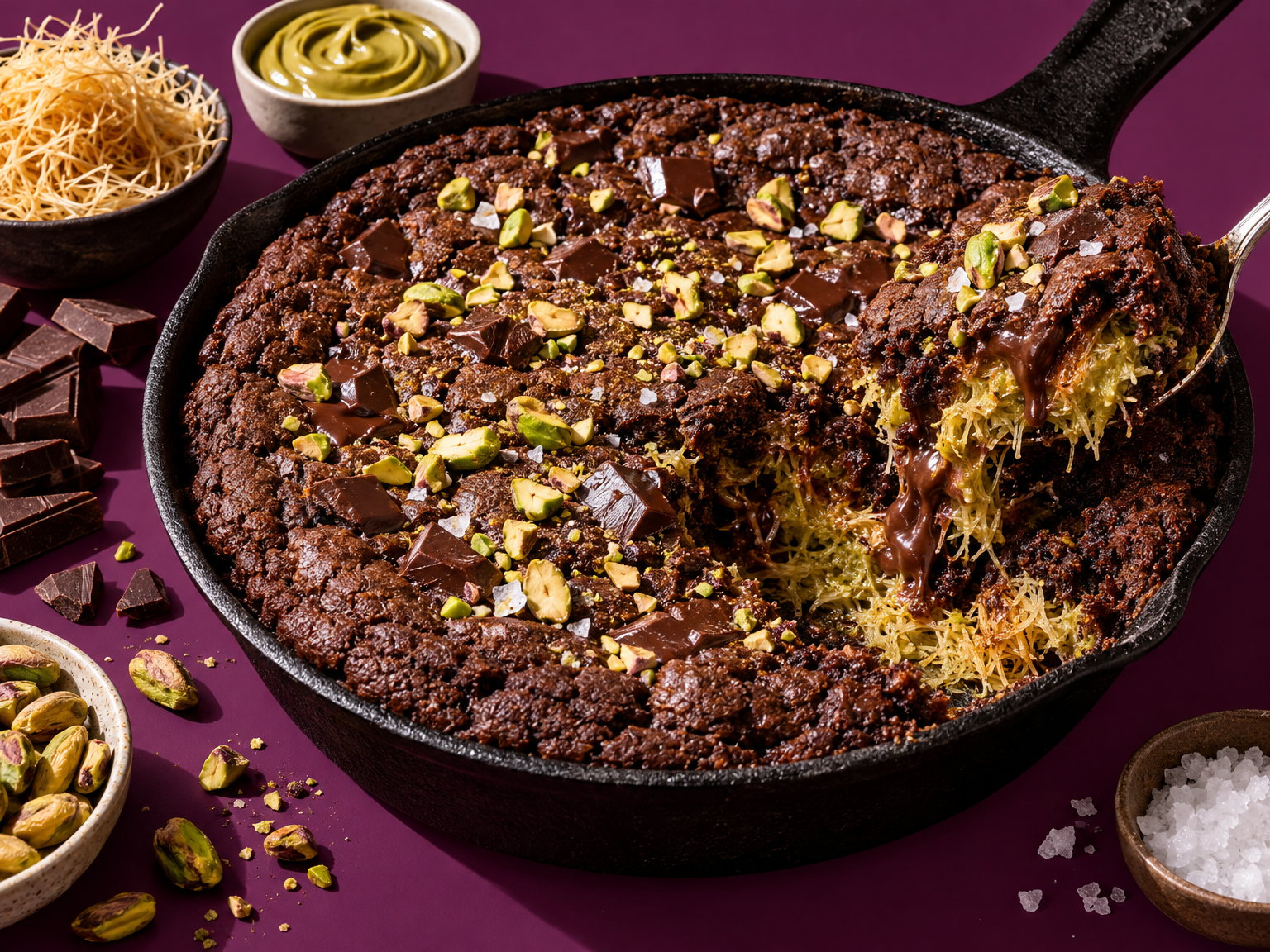 Dubai chocolate bonfire skillet cookie ready to serve