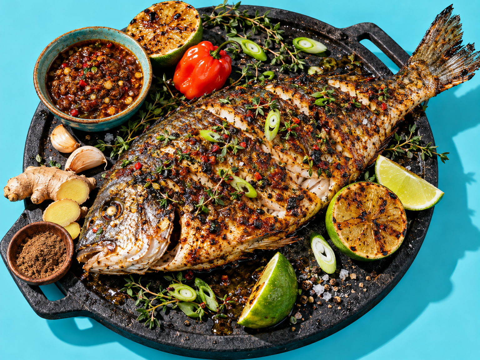 Grilled jerk bream ready to serve