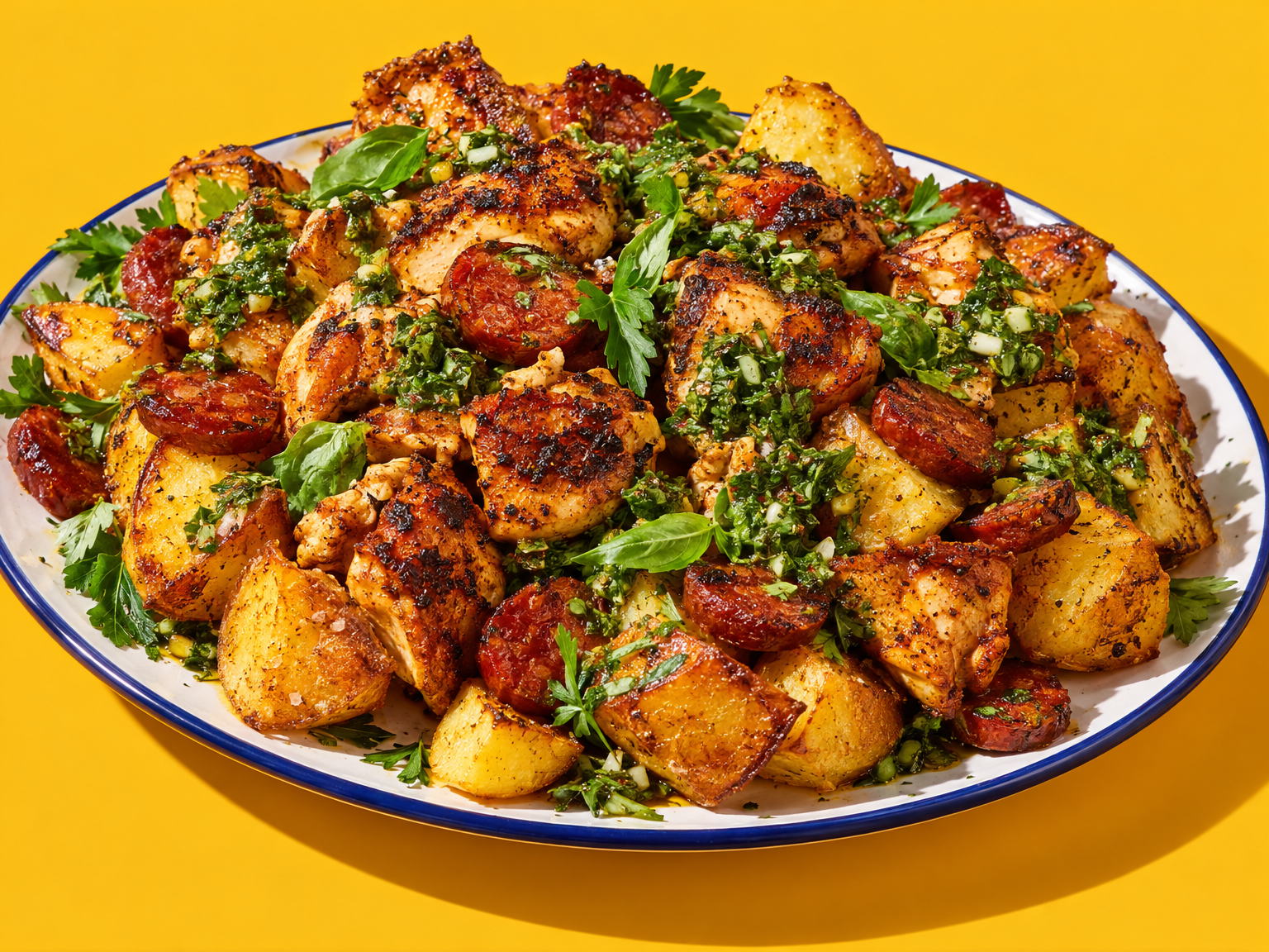 Cajun chicken and chorizo loaded roast potatoes with salsa verde ready to serve