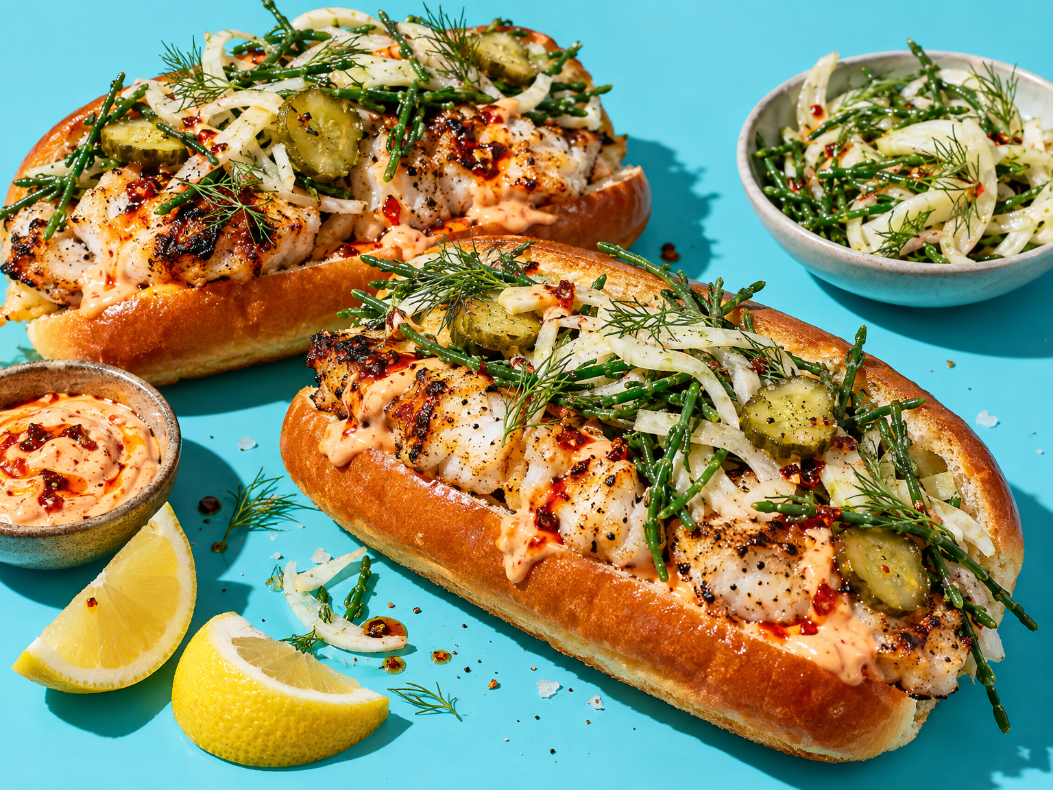 Monkfish dogs with samphire slaw ready to serve