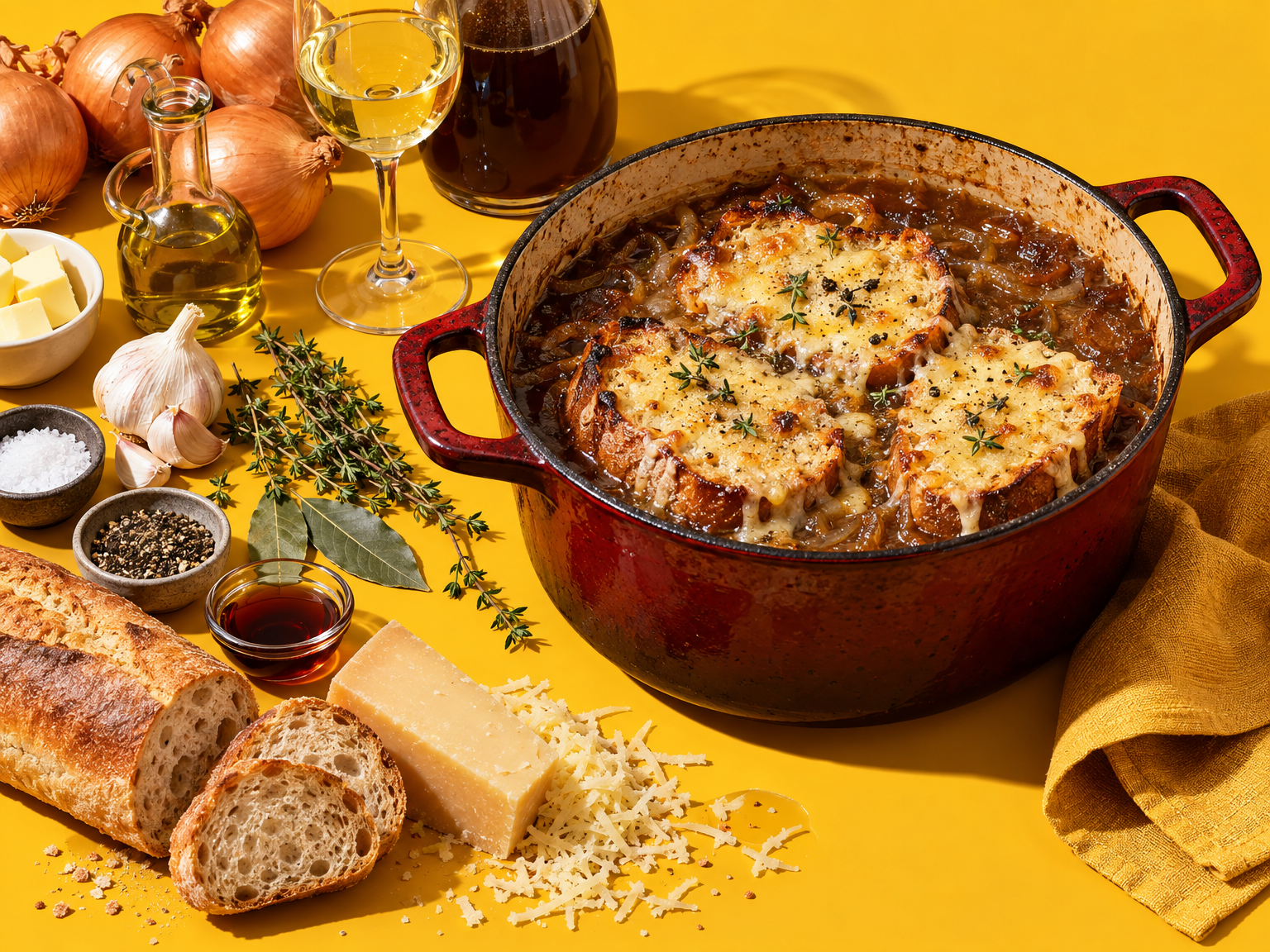 Dutch oven French onion soup ready to serve