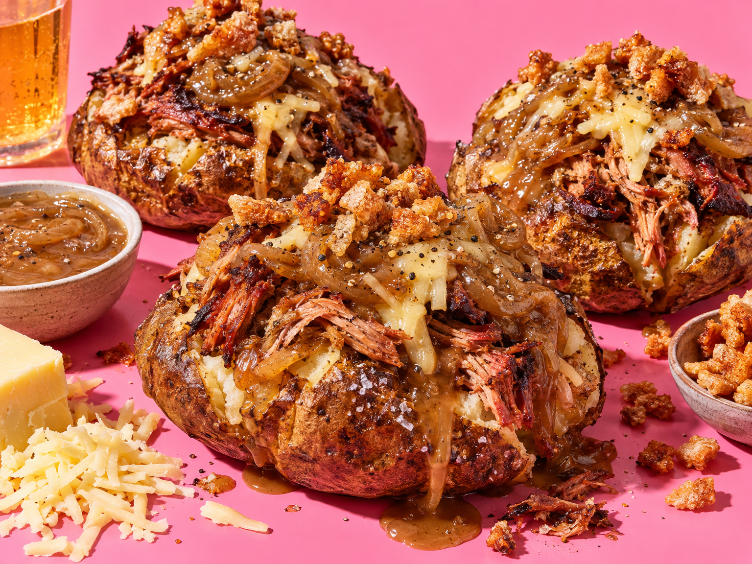 Bonfire pulled pork jacket potatoes with cider-onion gravy ready to serve