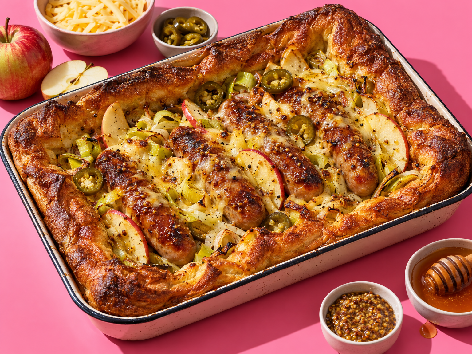 Smoky, cheesy toad in the hole with apple and jalapeño ready to serve