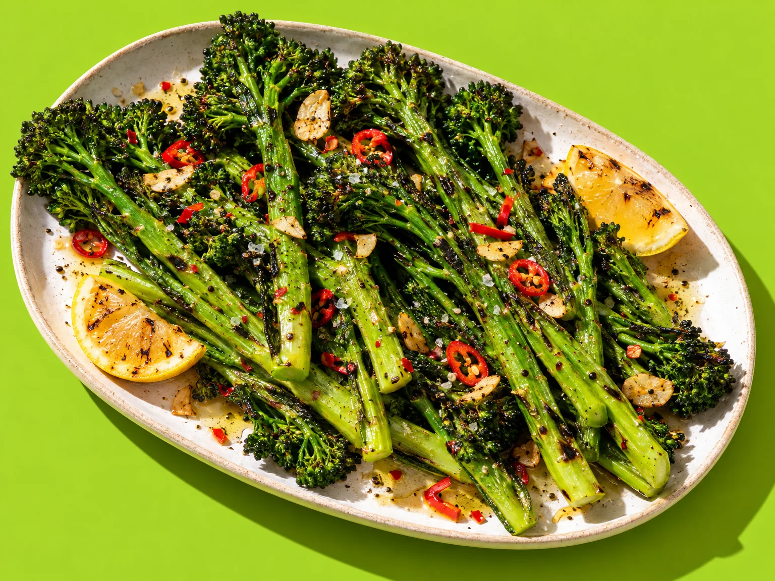 Chargrilled tenderstem broccoli with chilli and garlic ready to serve