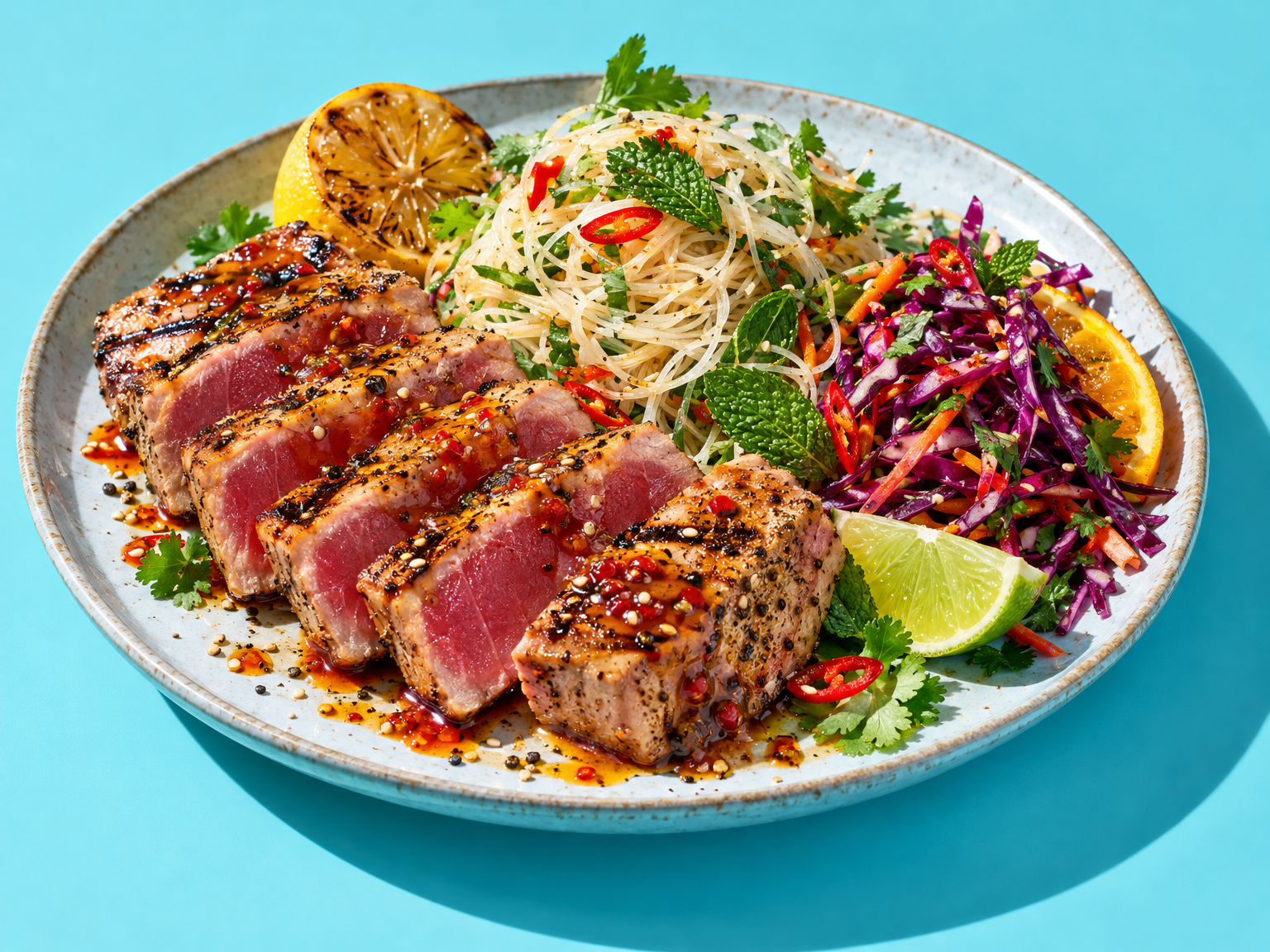 Citrus tuna tataki with vermicelli noodle salad and slaw ready to serve