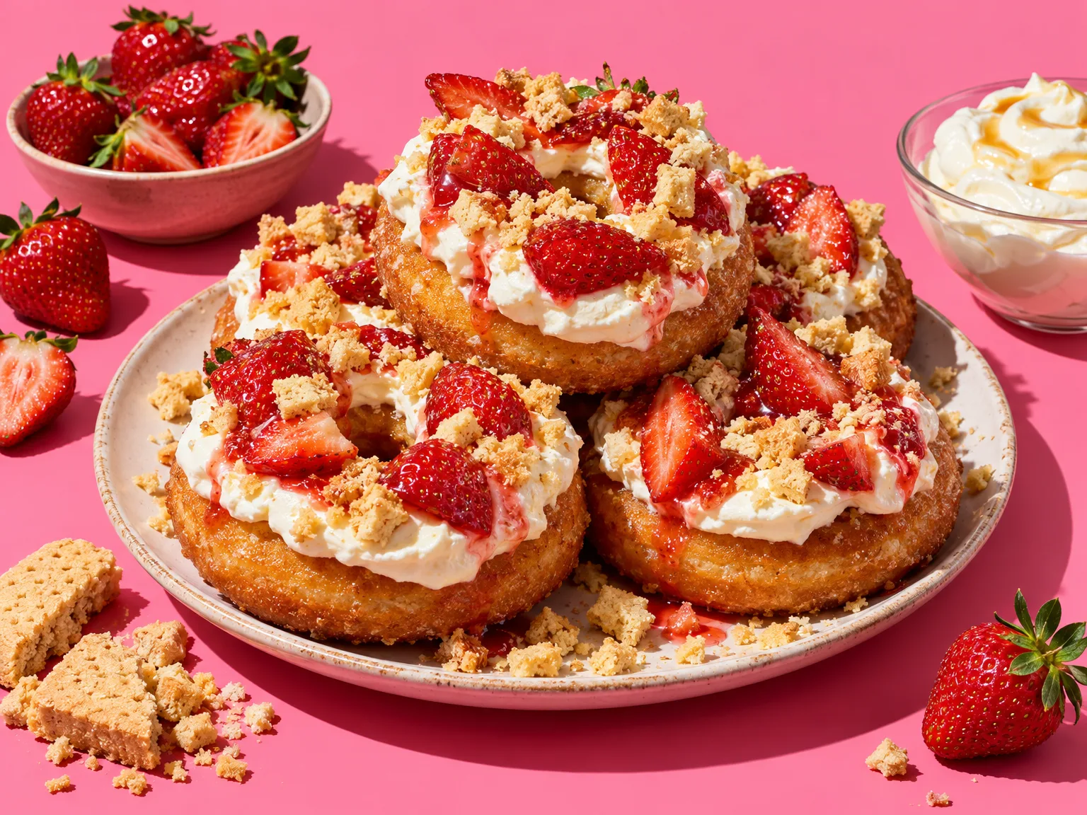 Strawberry shortcake baked doughnuts with whiskey cream ready to serve