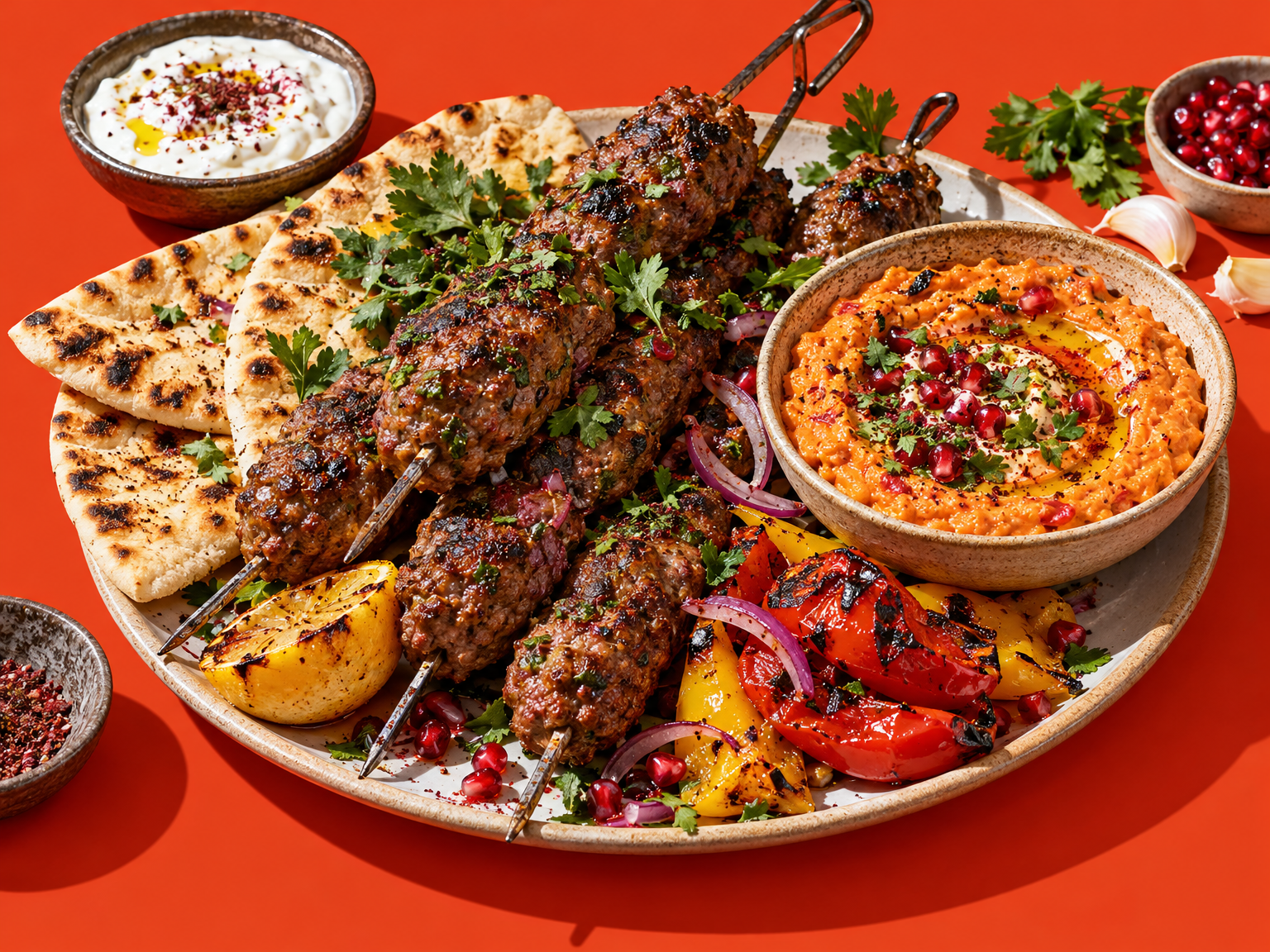 Spiced beef kofta skewers with roasted pepper and white bean dip ready to serve