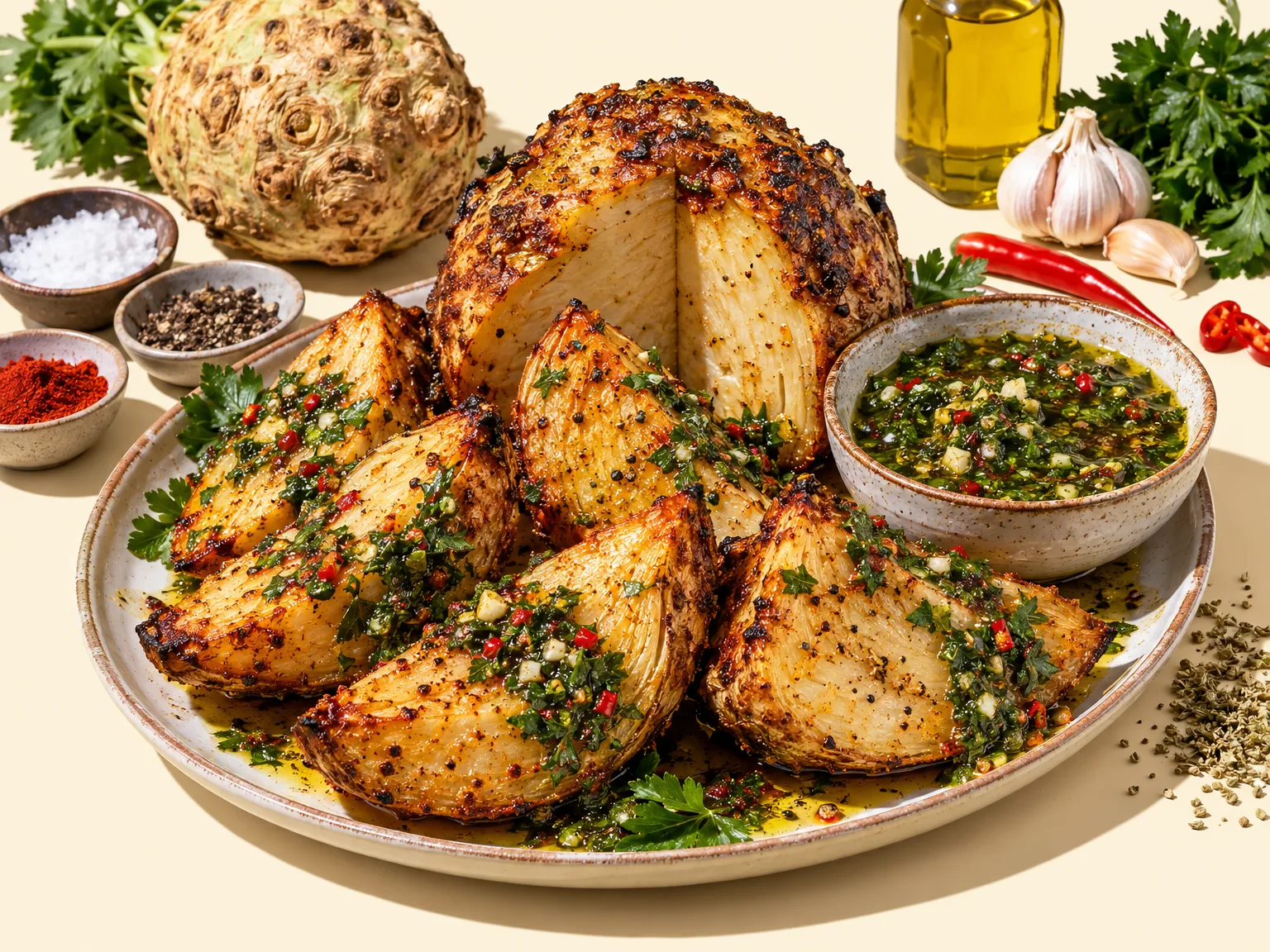 Rotisserie celeriac with chimichurri ready to serve