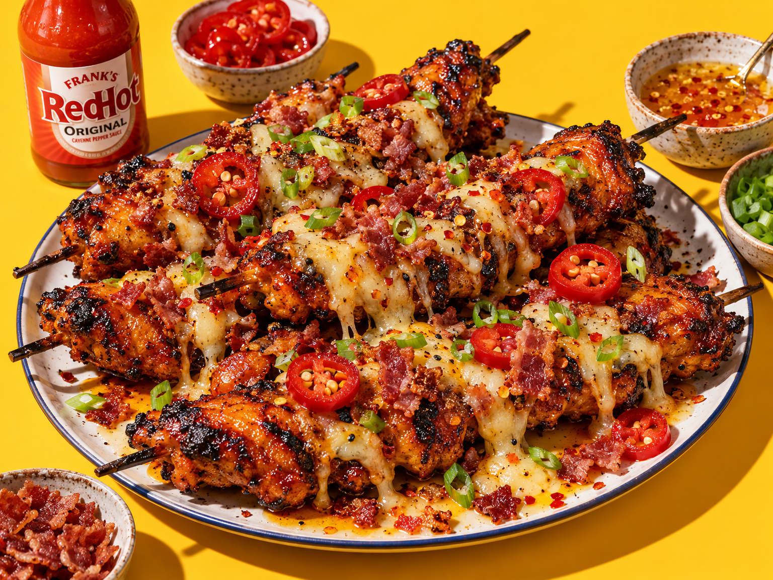 Hot honey butter bath chicken wing skewers ready to serve