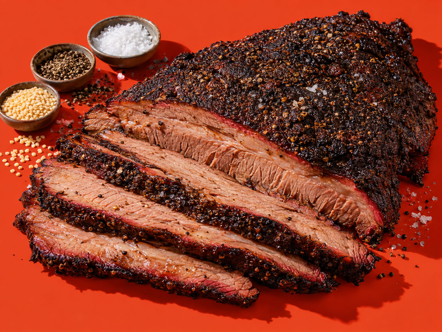 Low and slow kamado smoked brisket ready to serve