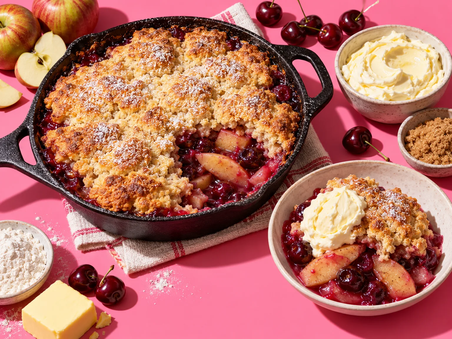 Big apple & cherry cobbler ready to serve