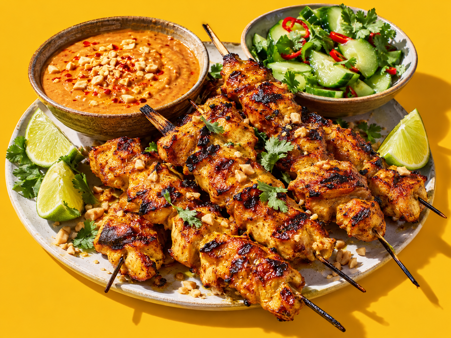 Chicken satay skewers with big peanut dunk ready to serve