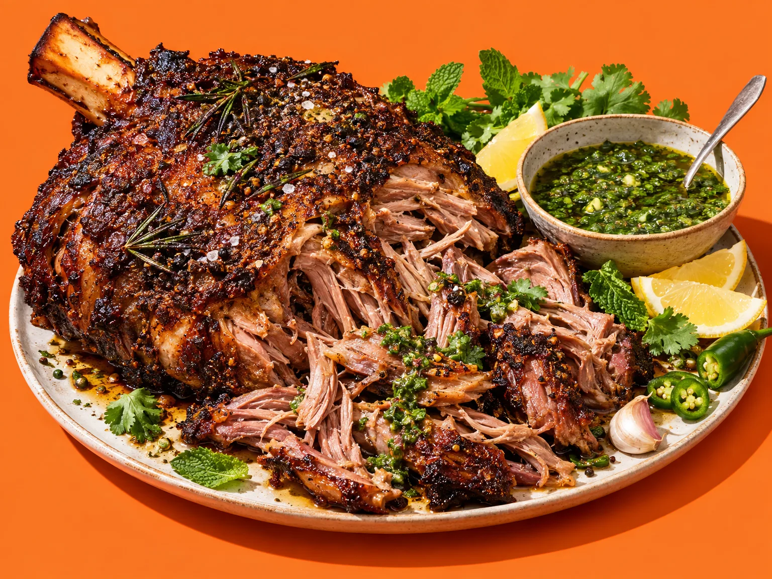 Smoked lamb shoulder with mint & coriander sauce ready to serve