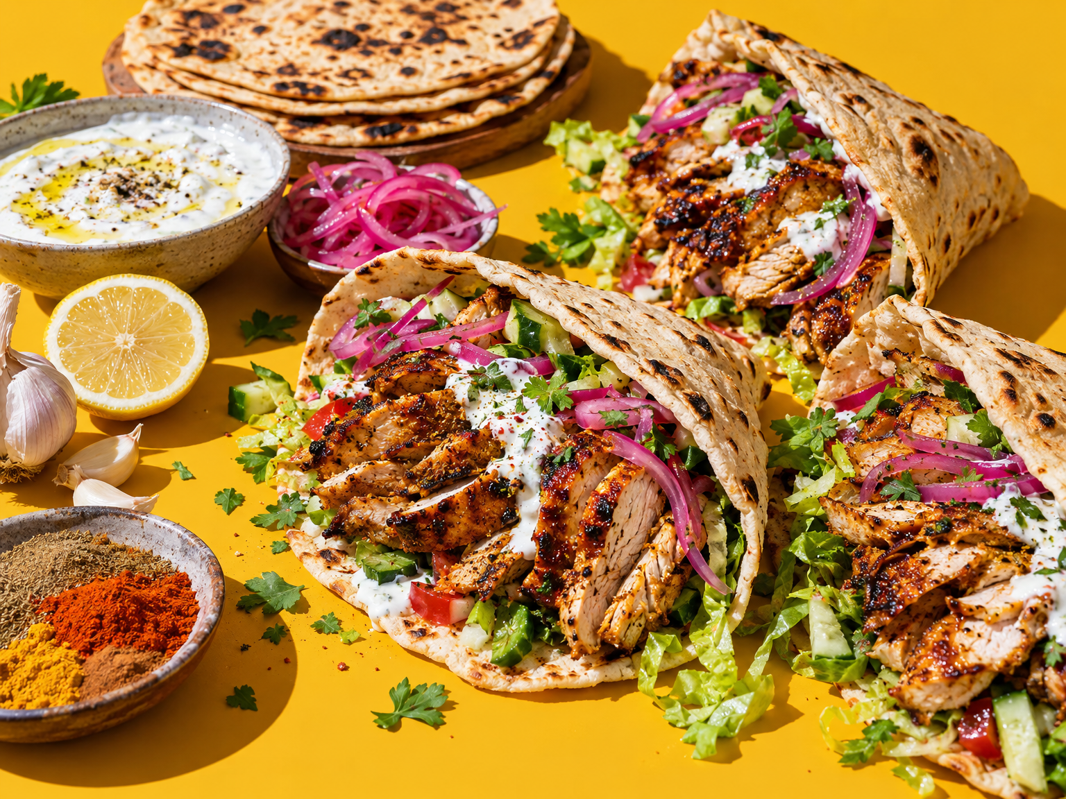 Joetisserie chicken shawarma with gluten-free flatbreads ready to serve