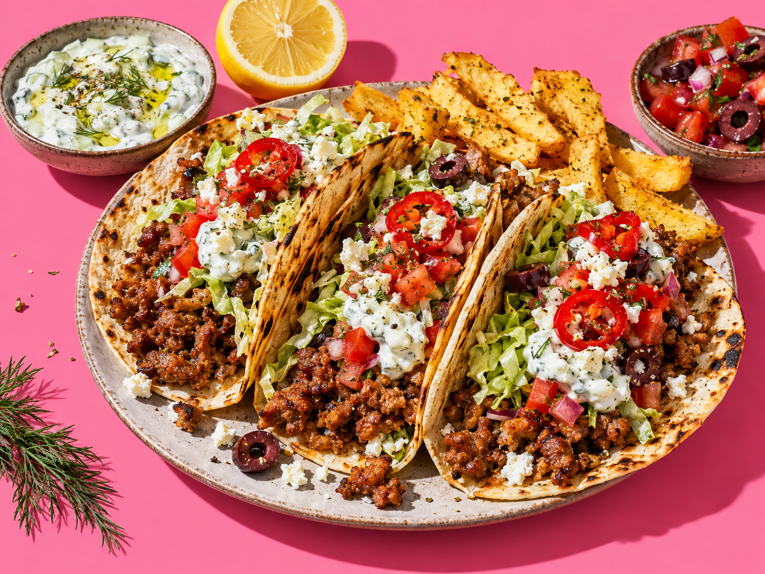 Pork gyro smash tacos ready to serve