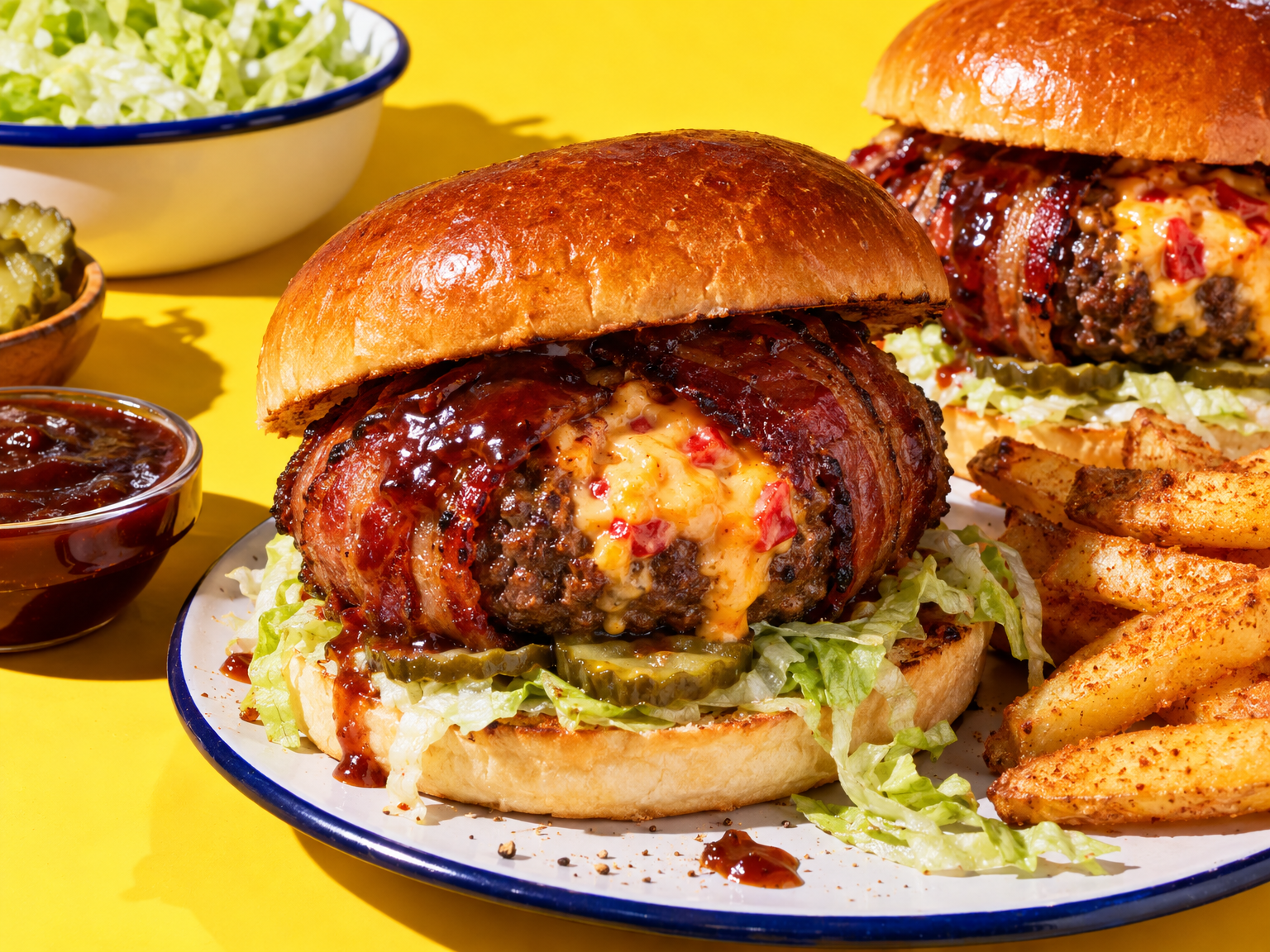 Beer can stuffed burgers with pimento cheese ready to serve