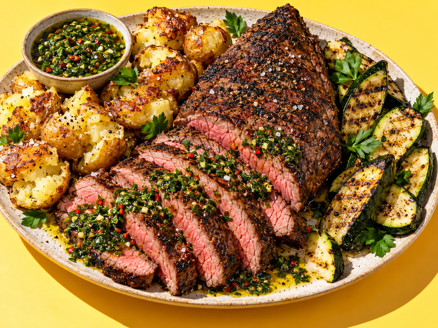 Reverse-seared tri-tip steak with chimichurri, smashed new potatoes and grilled veg ready to serve