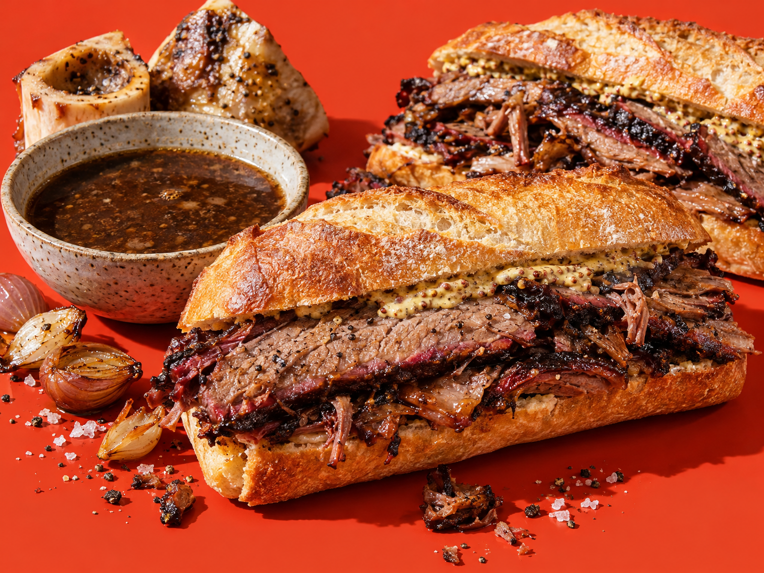 Brisket French dip with bone-marrow gravy ready to serve