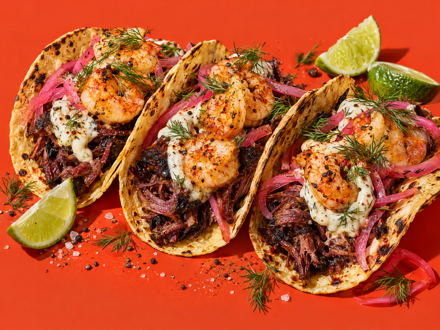 Smoked beef cheek & garlic prawn tacos ready to serve
