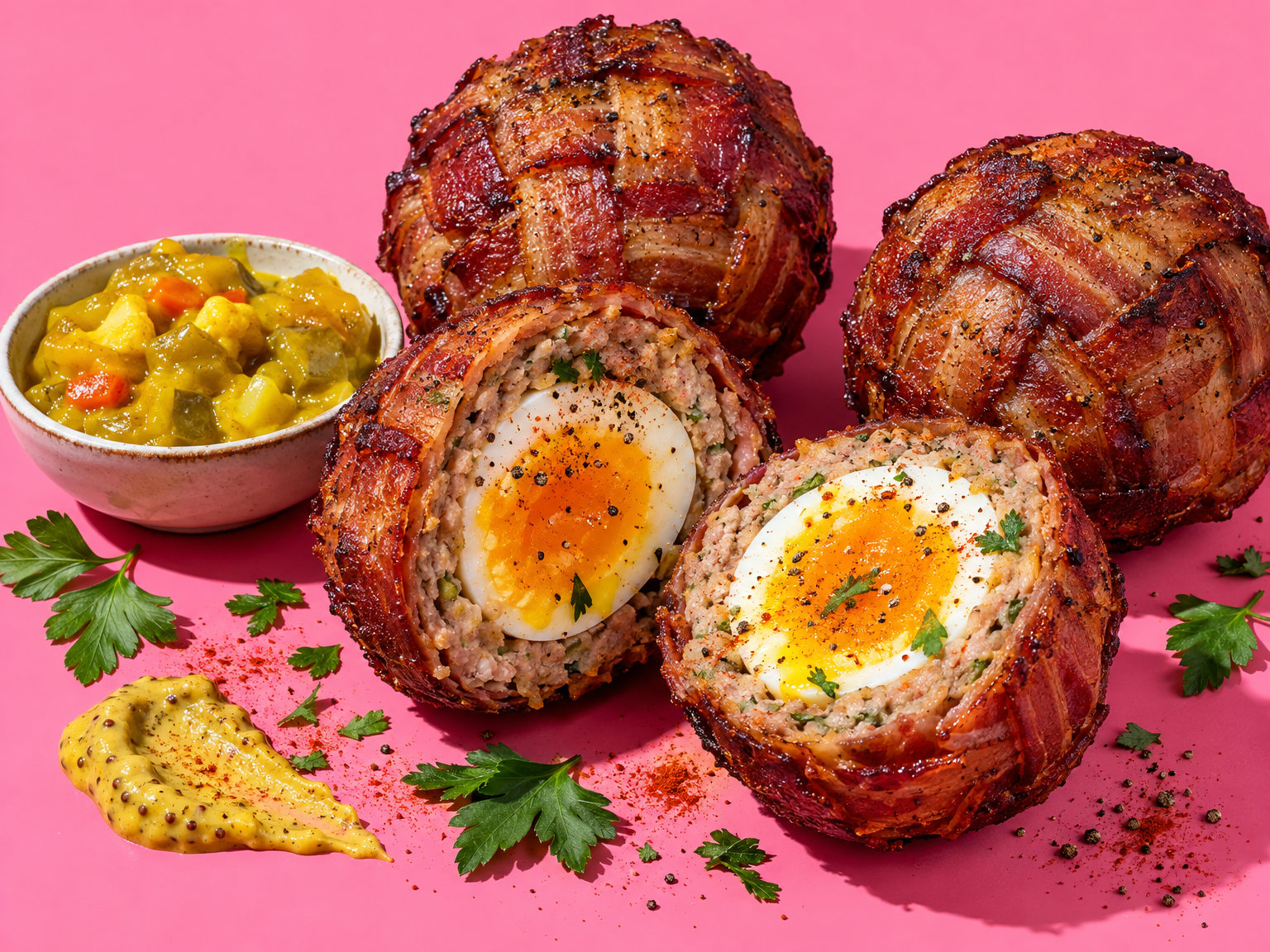 Bacon weave wrapped smoked Scotch eggs ready to serve