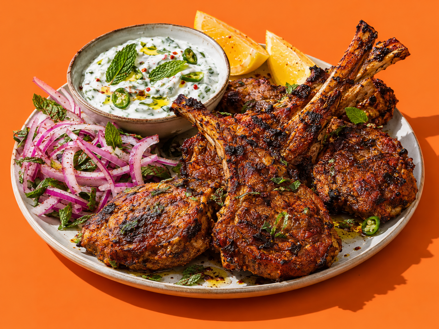 Tandoori lamb chops with mint chilli yoghurt ready to serve