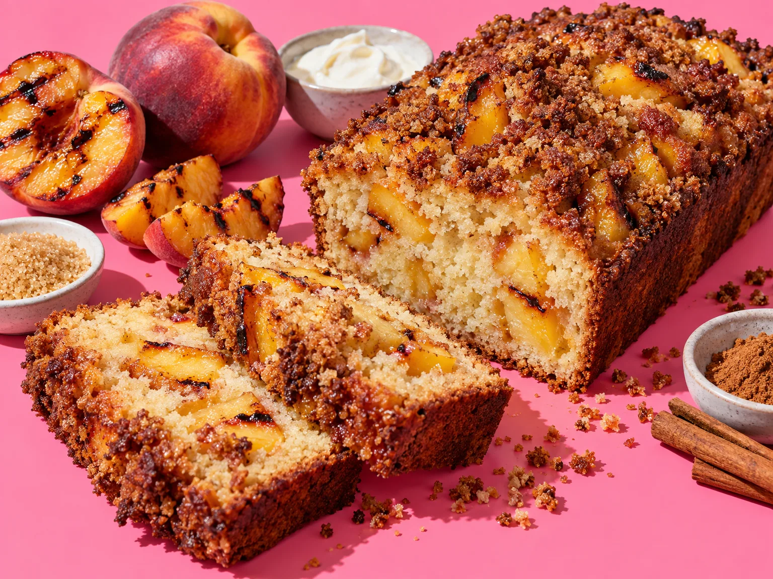 Cinnamon crunch grilled peach muffin loaf ready to serve