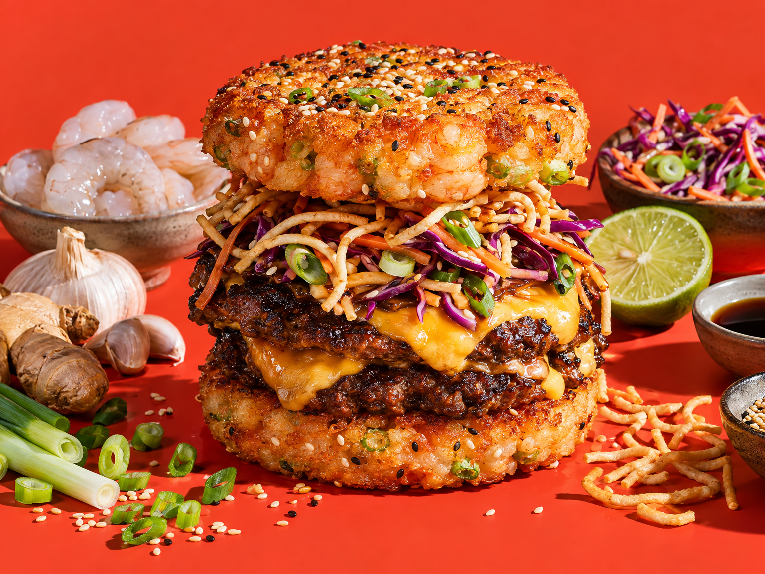 Prawn toast surf & turf burger ready to serve