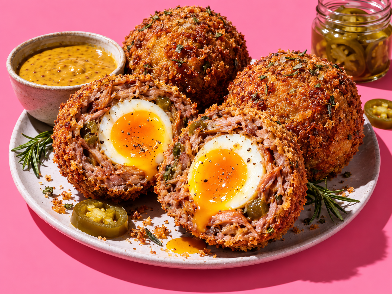 Jalapeño pulled pork Scotch eggs with South Carolina sauce ready to serve